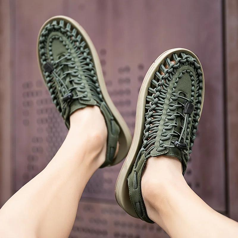 Модные мужские сандалии Натуральная кожа Мужская повседневная обувь Плетеный дизайн Пляжные сандалии Уличная обувь для пар Водная обувь 2025