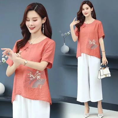 Женская летняя футболка с коротким рукавом из хлопка и льна с вышивкой в китайском винтажном стиле, свободный и удобный топ