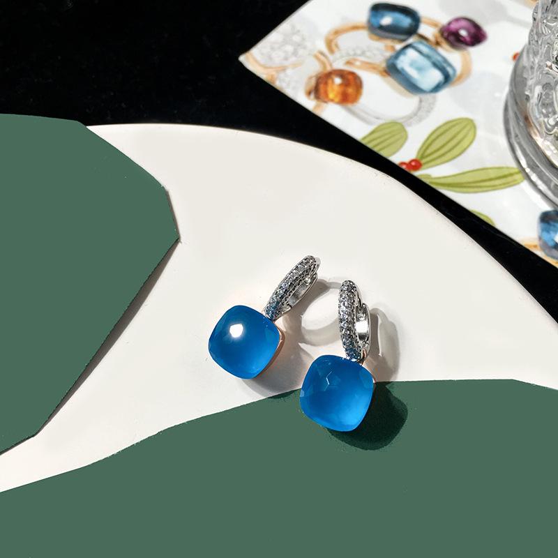 Серьги-пусеты из серебра S925 в стиле знаменитостей – Грибовидная головка с бриллиантовой инкрустацией и квадратным камнем конфетного цвета