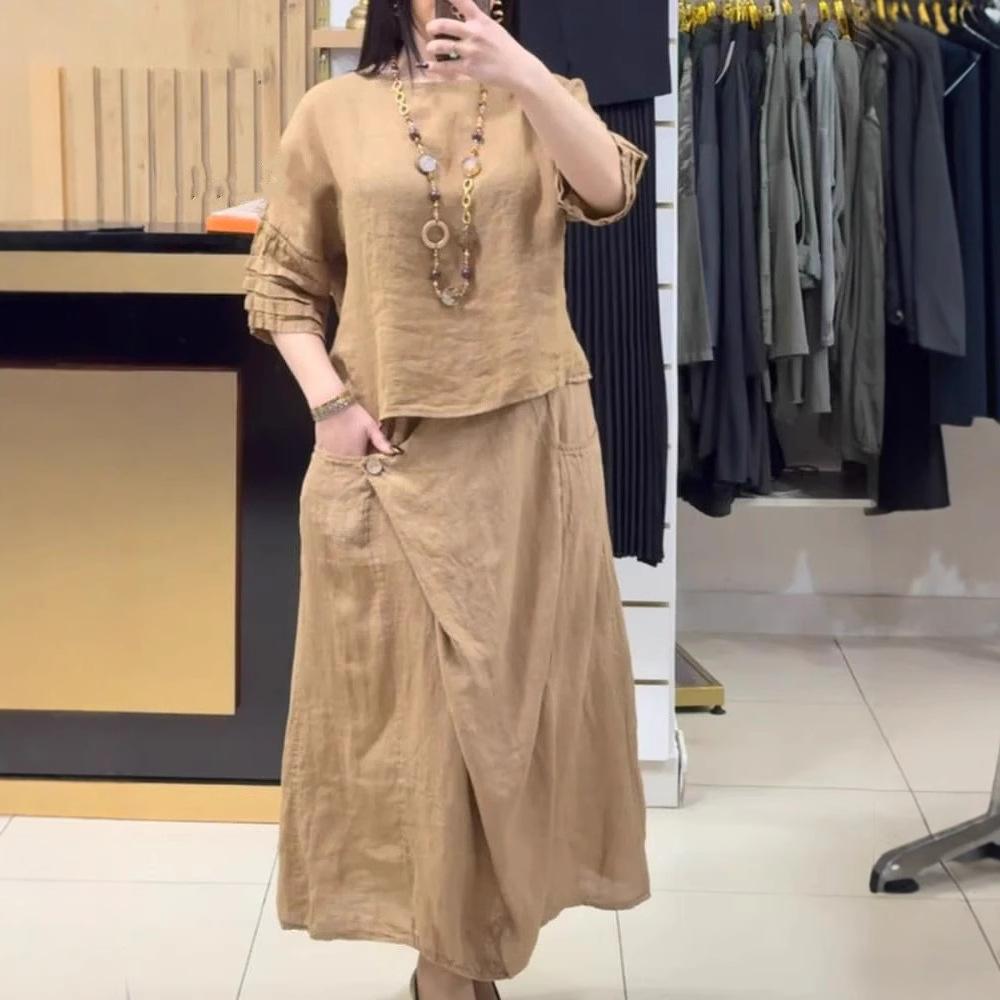 Women Two Piece Set Women's Summer Linen Outfit Set Short Sleeve Top Midi Skirt Elegant 2-Piece Lounge Set with for Ladies