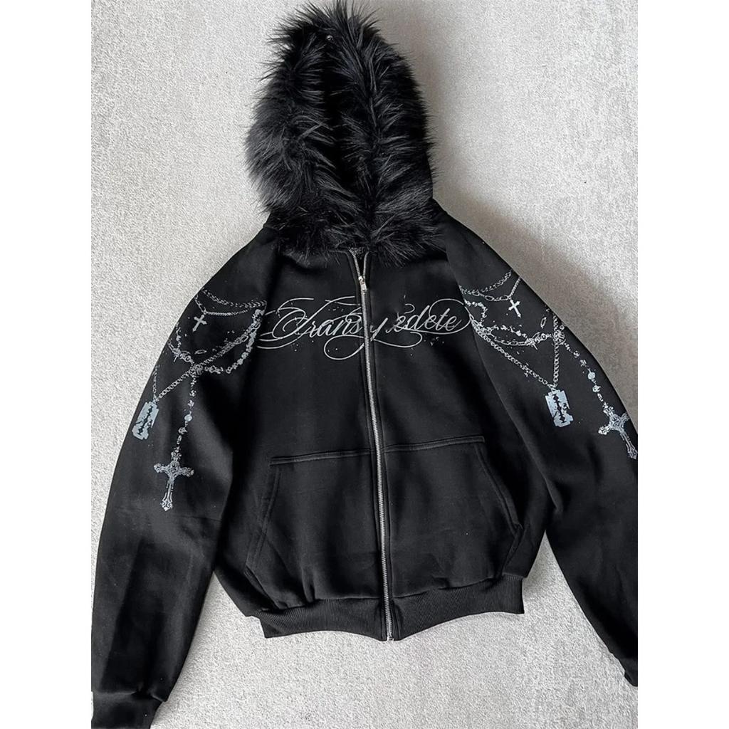 BeatStreet Модная Уличная Одежда Женская Готическая Панк Куртка С Капюшоном Из Искусственного Меха С Принтом Креста Модный Дерзкий Свитшот На Молнии