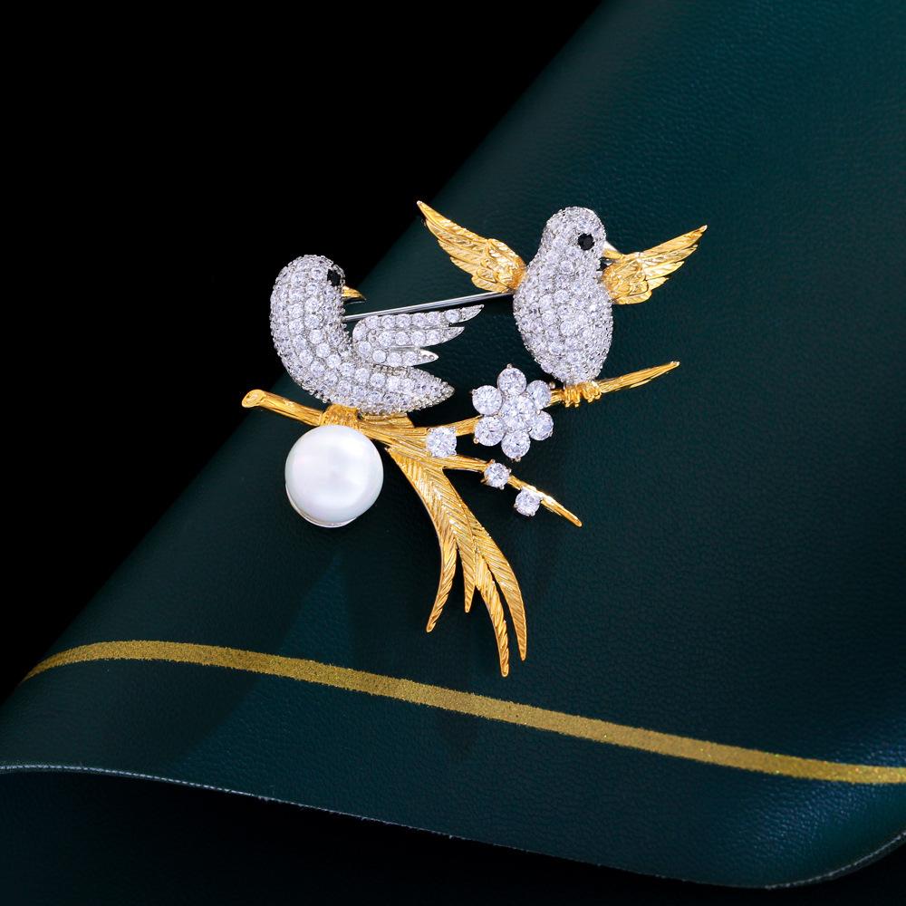 Легкая Роскошь Двойная Сорока Золотой Шелк Птица Золотое Покрытие Стиль Знаменитости Брошь Костюм Платье Декоративная Булавка Брошь