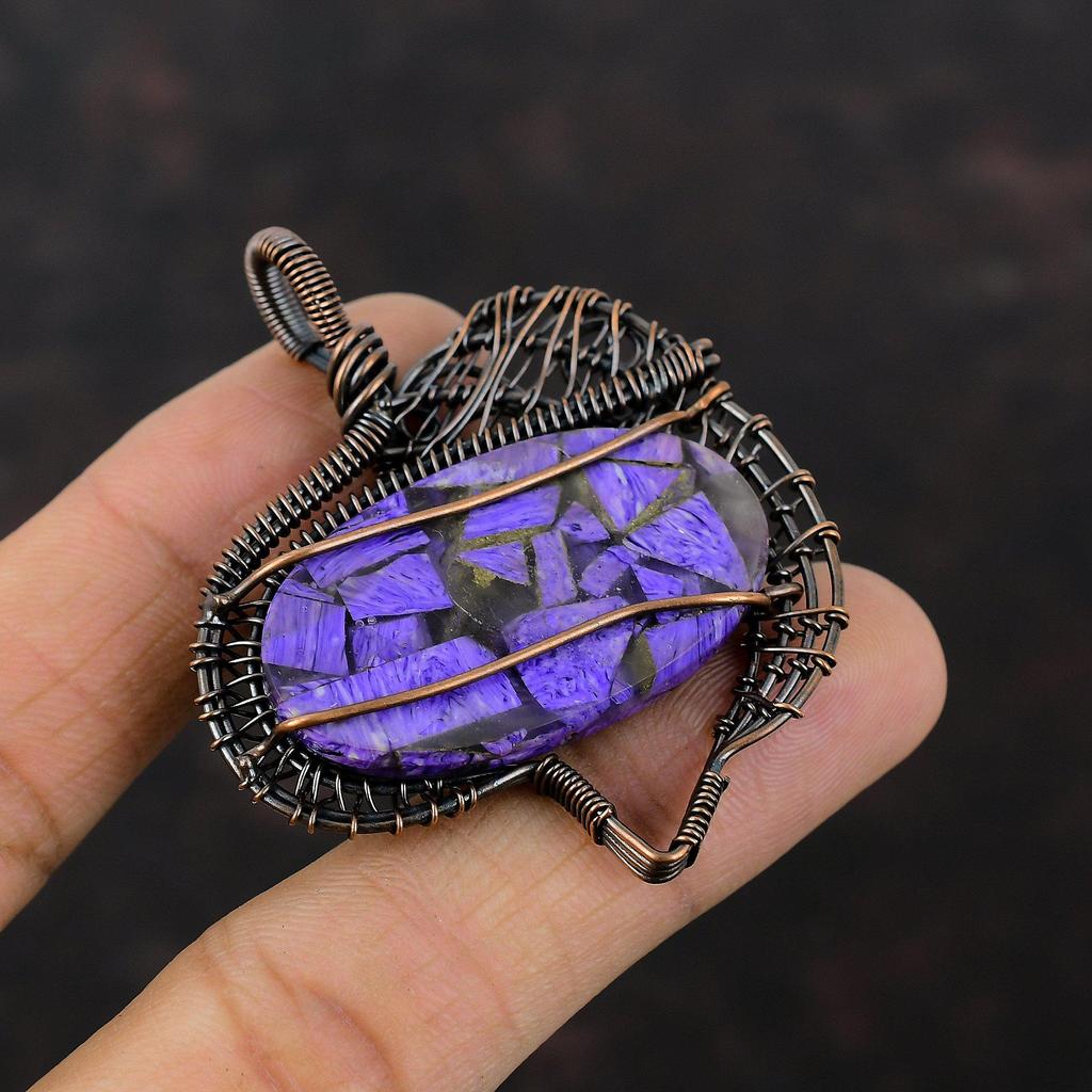 Медный кулон с чароитом, подвеска из медной проволоки с драгоценным камнем, антикварная бижутерия ручной работы, потрясающий медный кулон с проволочной обмоткой, подарок для девушки