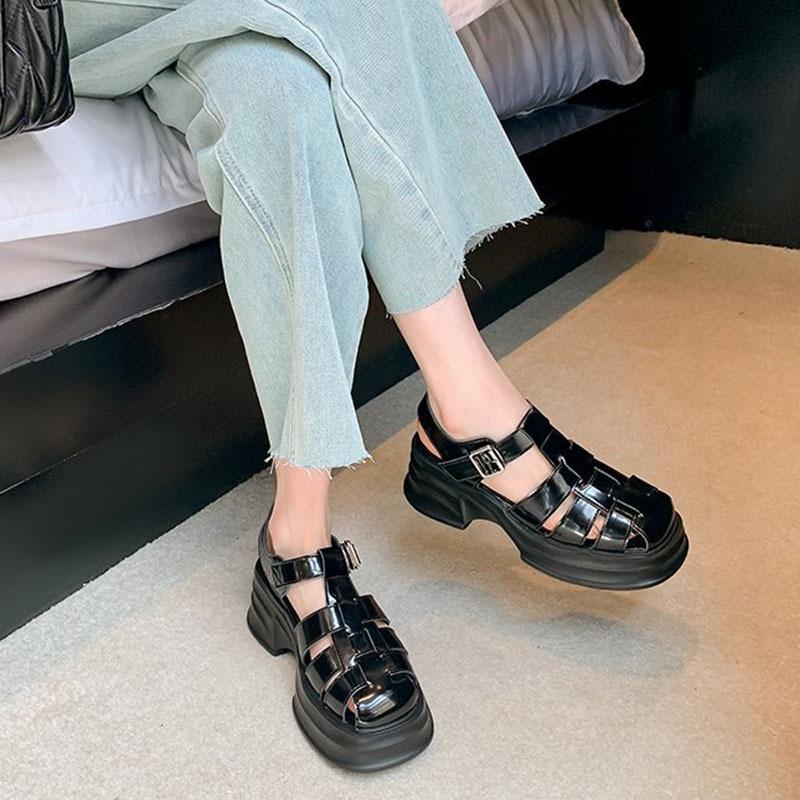 Сандалии для женщин с толстой подошвой Baotou римские сандалии летняя повседневная обувь толстый каблук новые модные плетеные полые сандалии Mujer 2024