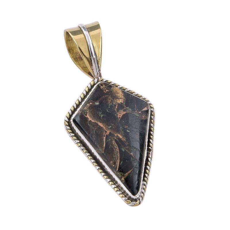 Натуральный камень бирюза черного цвета, кулон из двухцветного стерлингового серебра 925 пробы, 1,50" C3C06