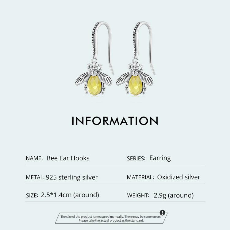 WOSTU Vintage 925 Sterling Silver Handmade Honey Bee Dangle Drop Earrings Women Yellow Zircon Cute Insect Ear Hooks Mom's Gift