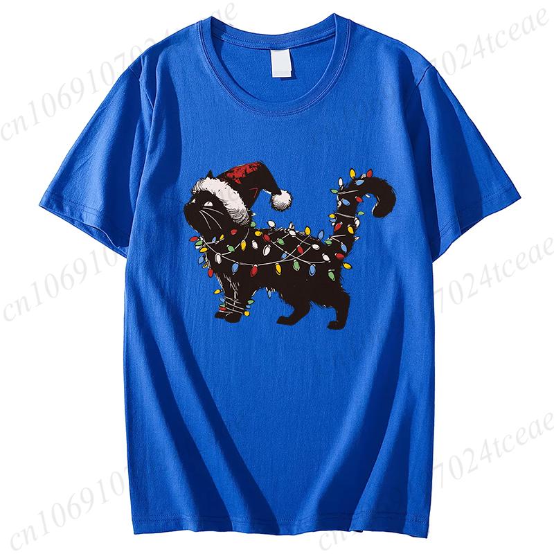 Woman Cute Cat Christmas Graphic Print T-shirt Holiday Tee Shirts Casual O Neck Fashion Short-sleeve Soft Cat Mom Creative Tops