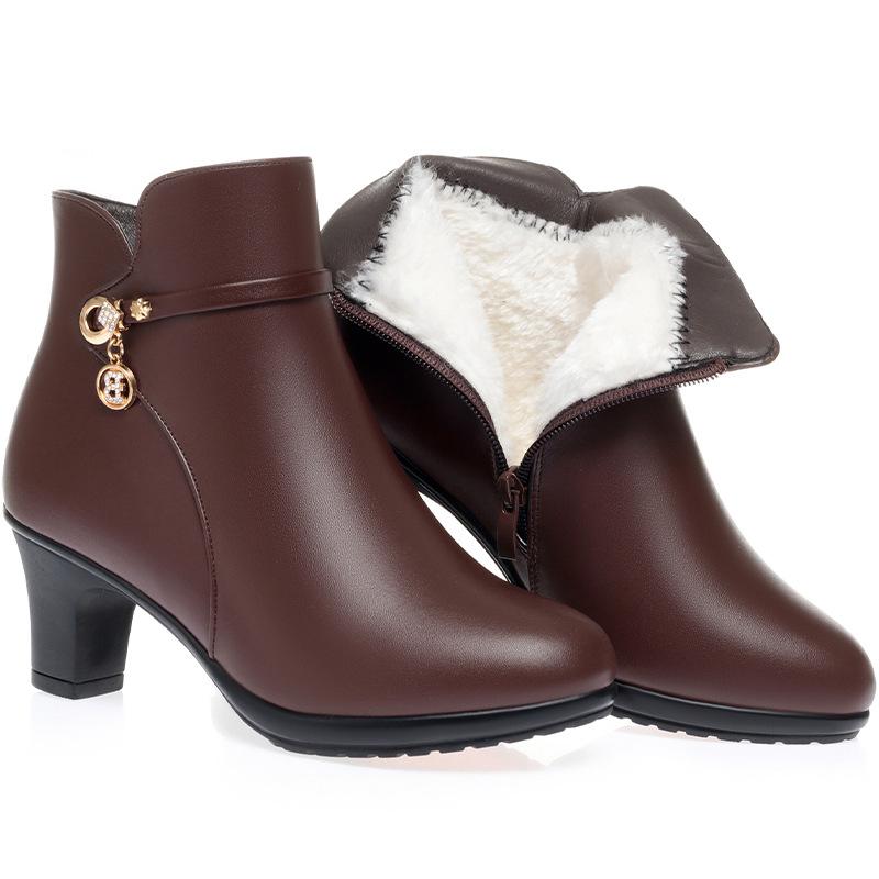 Модные женские ботинки на высоком каблуке 2025 Новые зимние ботинки Женские элегантные модные ботинки из толстой шерсти Теплые Модные ботинки для вечеринок Мама Женские ботильоны