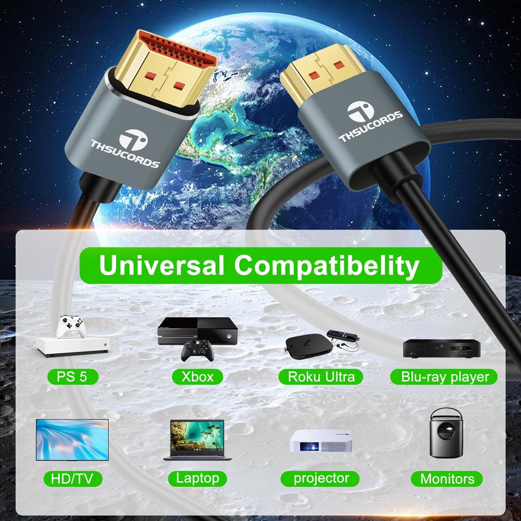 Thsucords Ultra Thin 8K 4K HDMI Cable 1M Slim Flexible Soft High Speed HDMI Lead 48Gbps Compatible with Roku Qualified Billing Available & 2.1