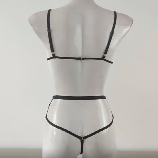 2 Pcs/Set Bra Panties Set Hollow Out Faux Leather Solid Color Wireless Unpadded Elastic Multi Straps Soft Lady Bra Panties Set Wedding Night