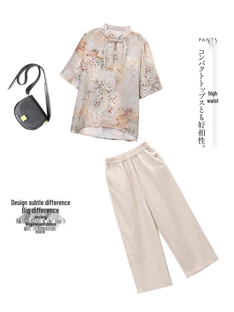 Летний женский костюм в национальном стиле из хлопка и льна, состоящий из двух предметов, для пышных фигур