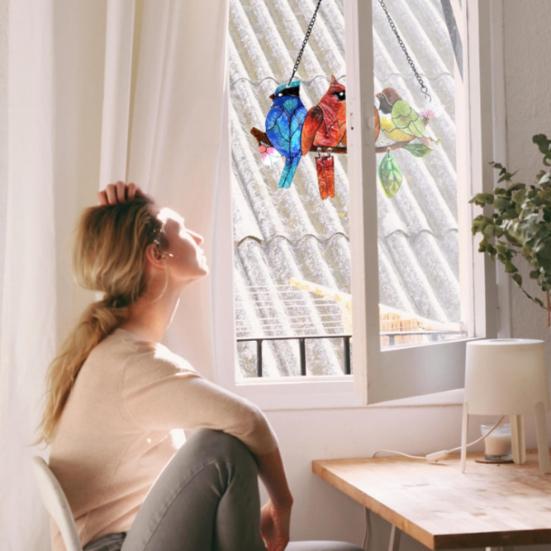 Birds On A Branch Suncatcher Stained Glass Acrylic Window Hanging Decoration with 4 Birds for Garden Home Decor Bird Lover Gift for Mom Grandma