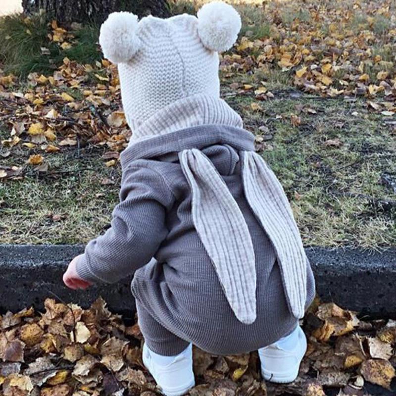 Baby 3d Rabbit Ear Long Romper Cute Long Sleeve Hoodie Jumpsuits Toddler Winter Warm Outwear