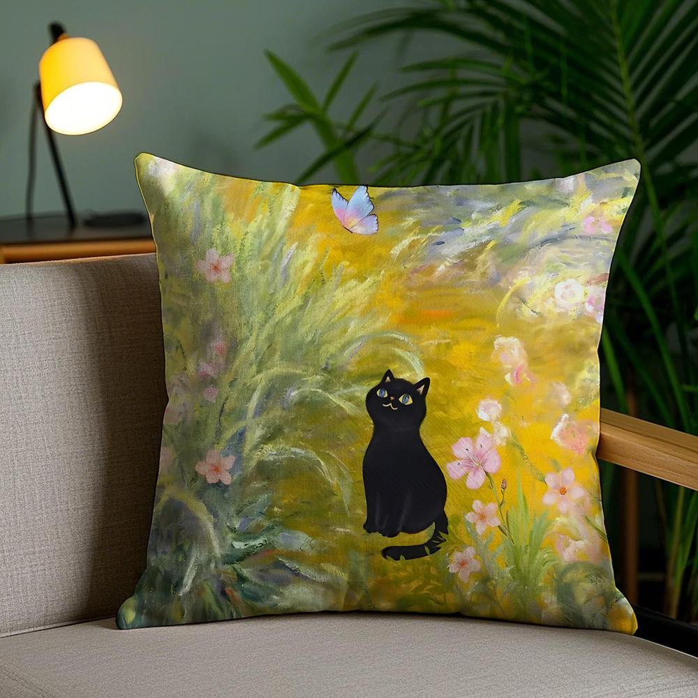 Cute Black Cat Oil Painting Cushion Cover Plush Fabric DoubleSided Printed Invisible Zipper Sofa Pillow Case Home Bedroom Decor