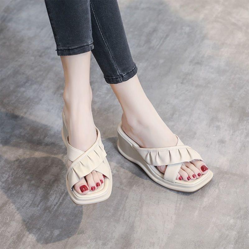 Модные женские тапочки, сандалии на танкетке, шлепанцы, абрикосовые мягкие кожаные туфли-сабо для женщин, предложение, водонепроницаемая натуральная кожа 39