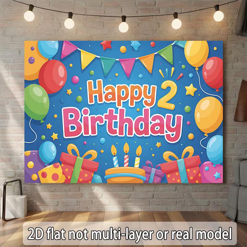 2D Cartoon Blue 2nd Birthday Backdrop Balloon & Confetti Background for Kids Birthday Party Photo Booth
