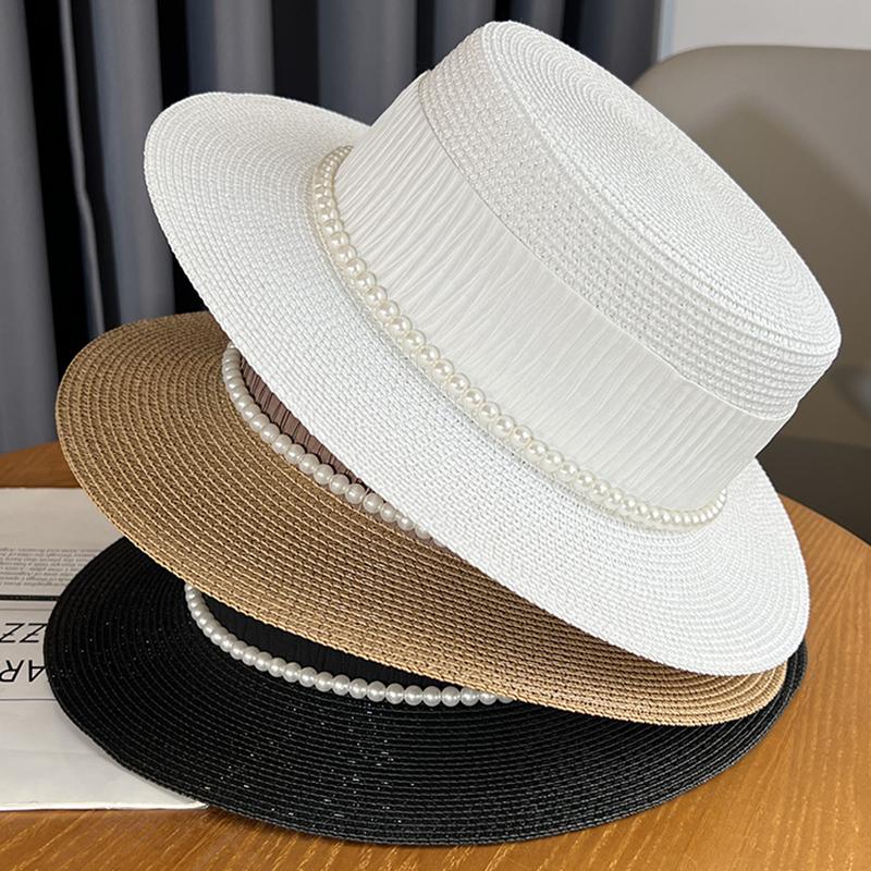 Celebrity Flat Top Hat Summer Elegant Pearl Straw Seaside Sun Hat Children