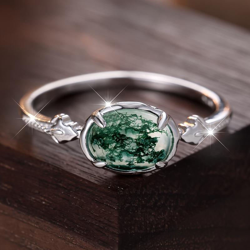 Кольца из стерлингового серебра 925 пробы для женщин, овальное кольцо из зеленого драгоценного камня с моховым агатом, винтажные ювелирные украшения для вечеринок, подарки