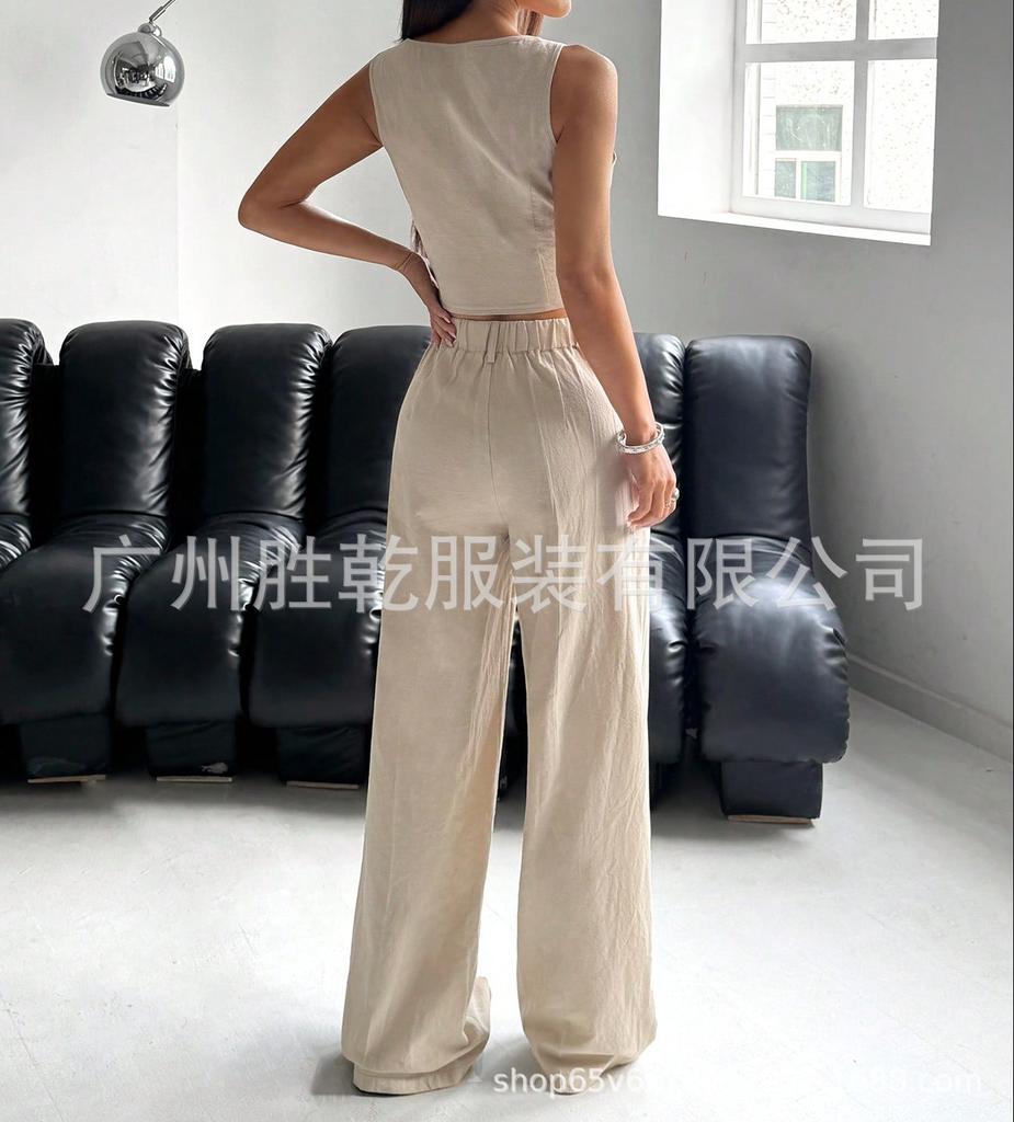 1116 European and American summer new set one button vest top high waist wide leg trousers two-piece set