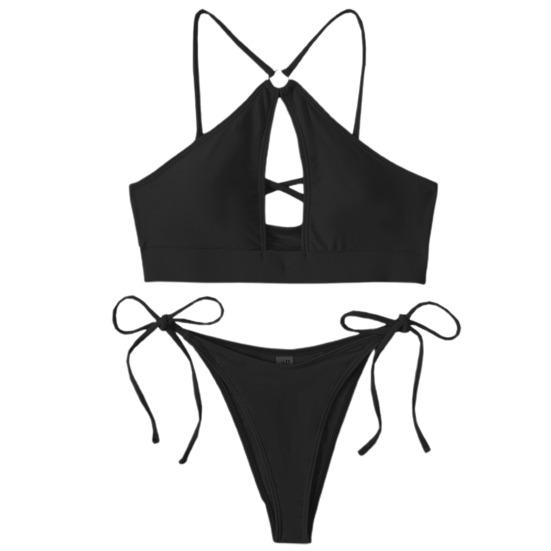 Купальник-бикини для девочек на шнуровке спереди, однотонный бюстгальтер из двух предметов, стринги с высоким вырезом, купальник для бассейна