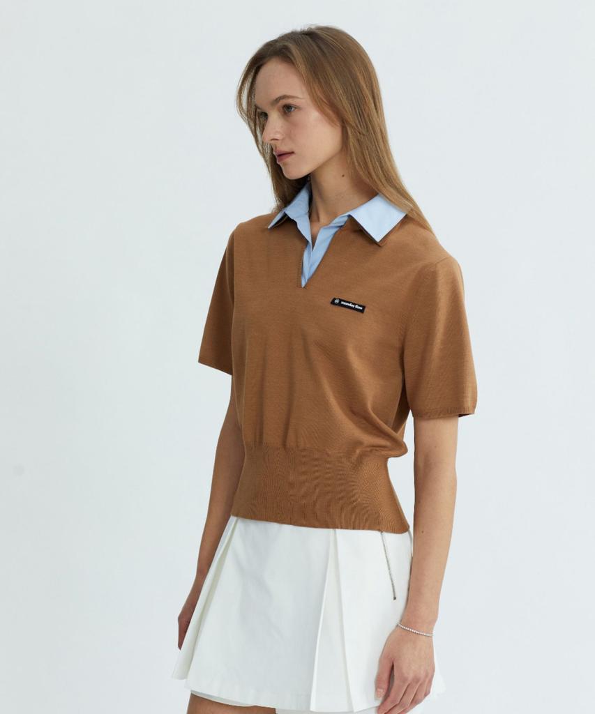 MONDAYFLOW Shirt Layered Knit Top Short Sleeve_Camel