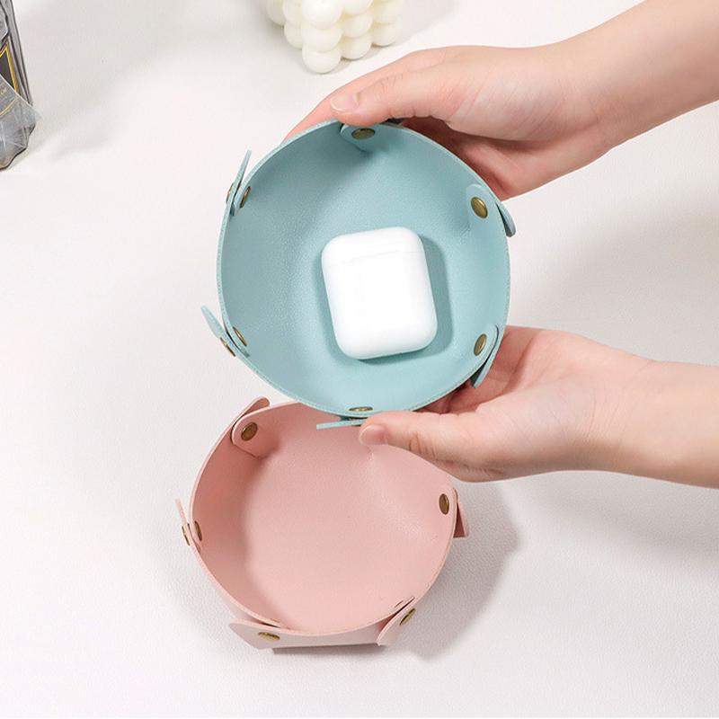 1PC Foldable Round PU Leather Tray Desktop Organizer for Jewelry Cosmetics Keys Multi-purpose Storage Box for Home Office