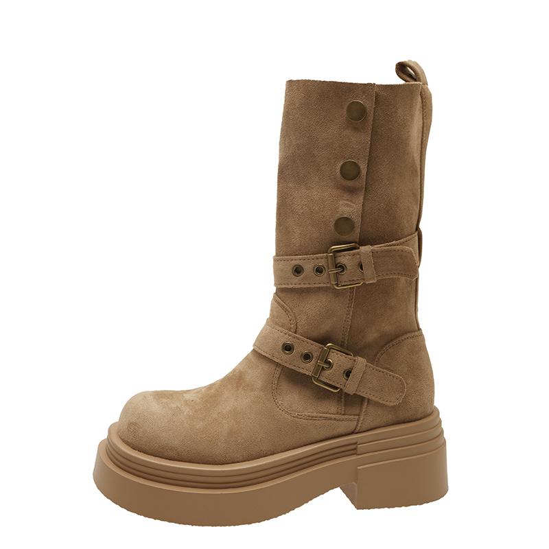 Mid-calf Flat with Modern Boots Winter Slip-on 2024 High Quality Women's Shoes Round Toe Low Heel Buckle Novelty Women's Boots