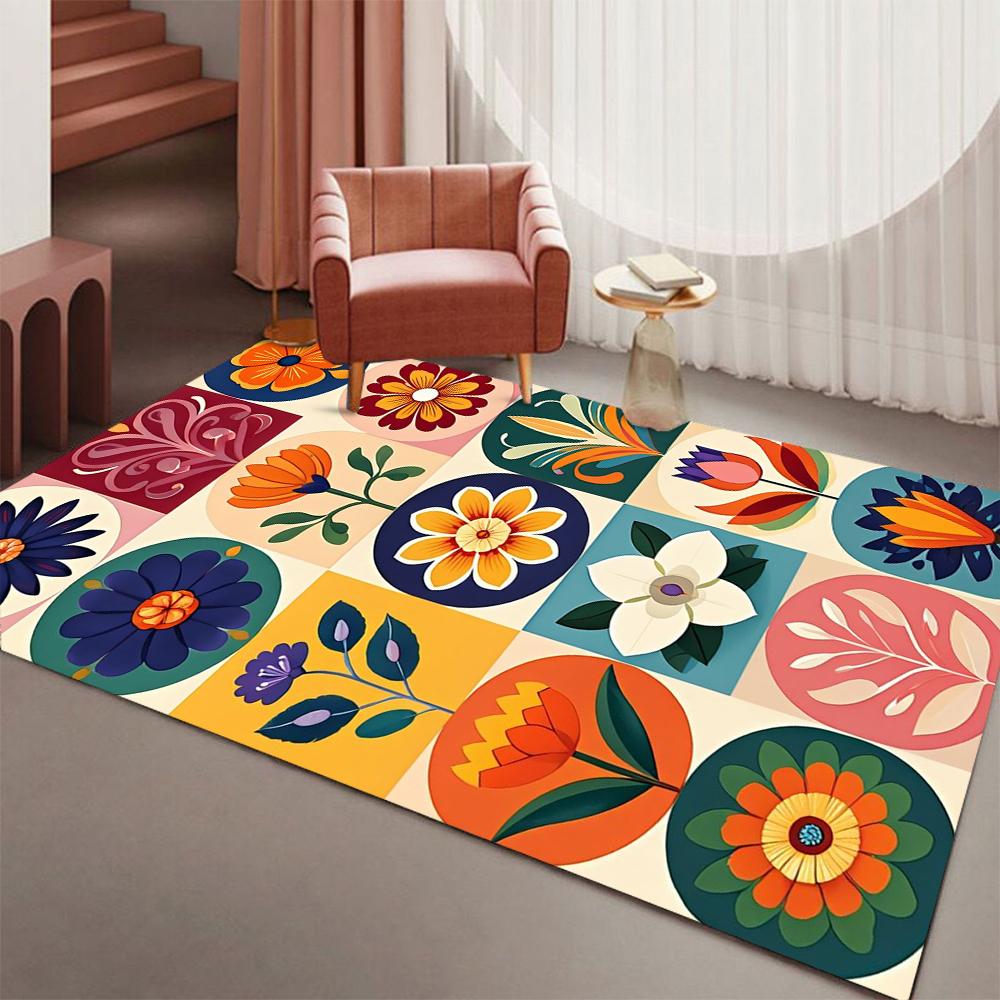 Talavera Floral Area Rug Vintage Bohemian Geometric Flower Non-Slip Floor Mat Washable Carpet for Living Room Kitchen Home Decor