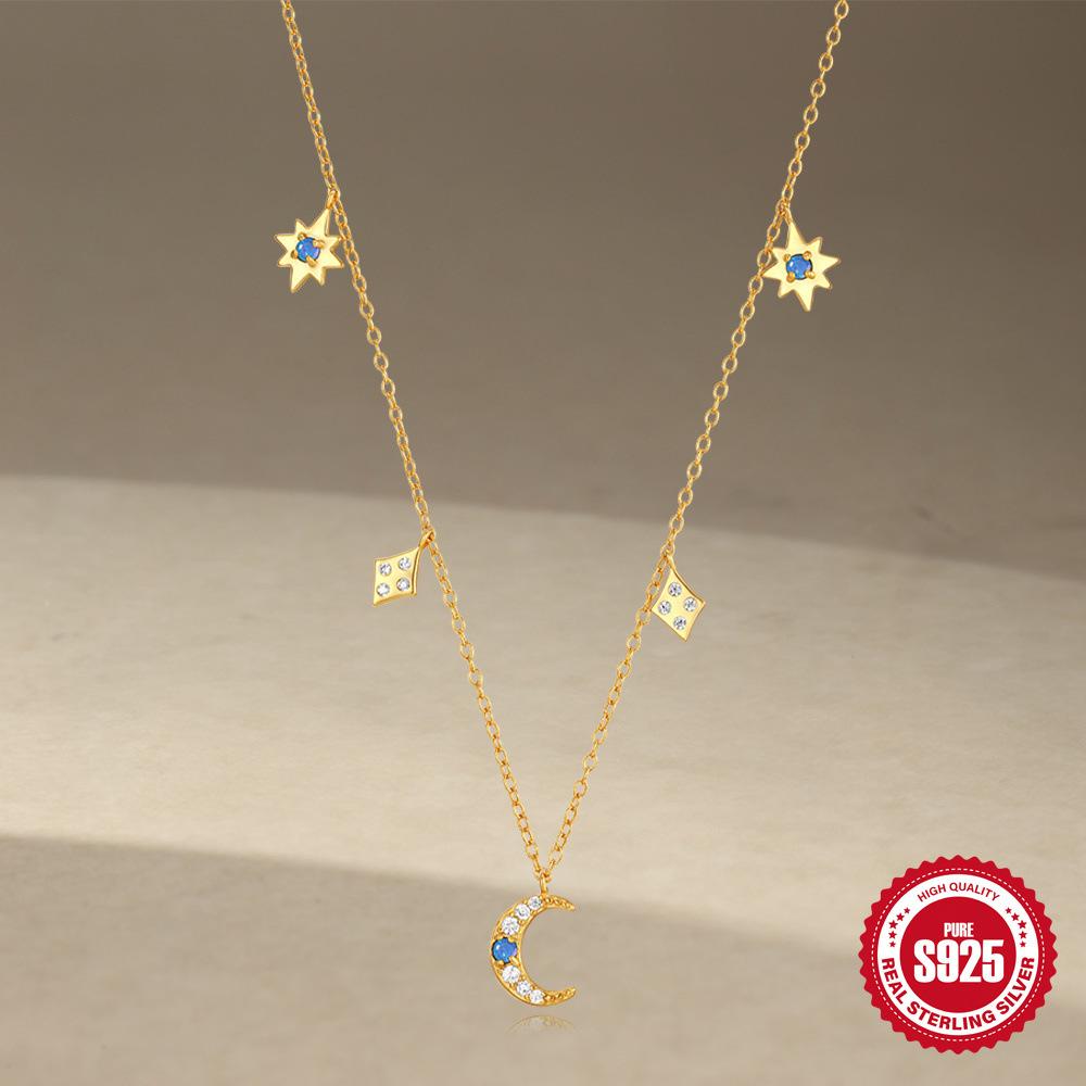 Классический набор из стерлингового серебра S925 «Звезда и луна» с опалом, многослойное женское колье, восьмиконечная звезда, четверная цепочка для ключицы