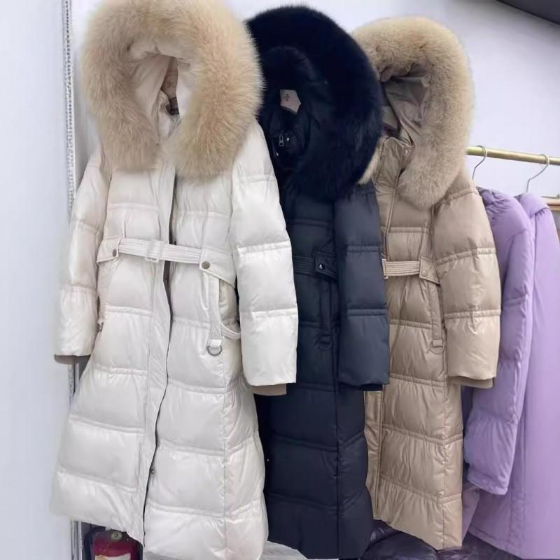 Womens Long Down Coat Over Knee Slim Fit Hooded With Real Fox Fur Collar Thick Warm White Duck