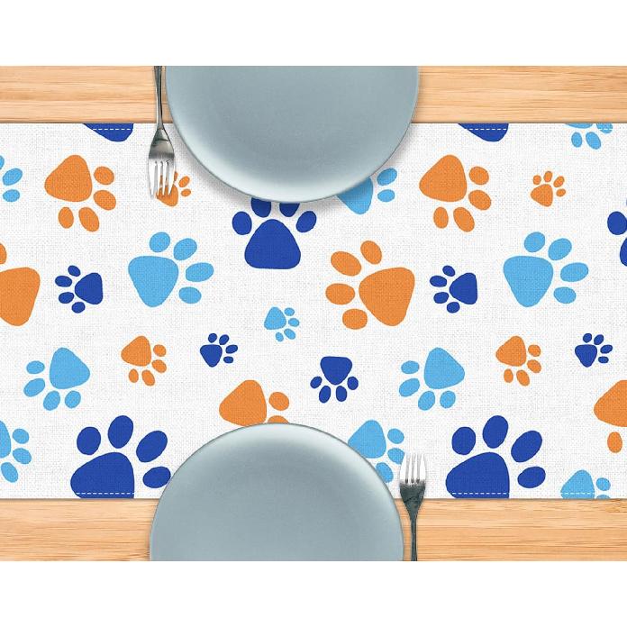 Paw Print Table Runner Dog Themed Birthday Party Decoration Puppy Pet Kitchen Dining Room Home Decor (Blue, 13" x 72")