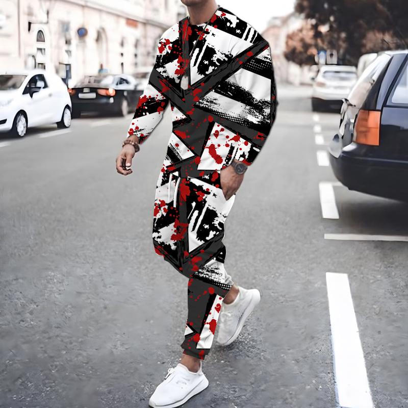 Spring Fall 3D Printed Square Graffiti Pattern Men's Long Sleeve Suit Fashion Casual Street O Collar Sweatshirt And Pants Suit