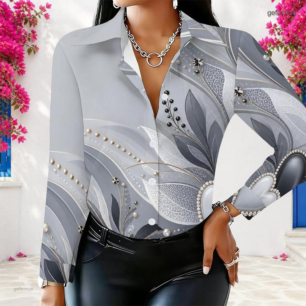 Women Plus Size Collared Neck Long Sleeve Button Front Printed Black Green Gold Shirt