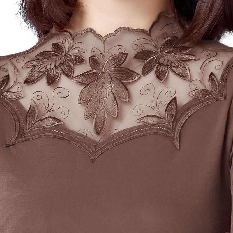 Lace T-shirt Women's Spring and Autumn Mesh Backing Shirt Women's Warm High Elastic T-shirt Slim Fit Top