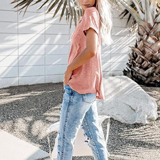 Женская футболка с v-образным вырезом, свободная рубашка, рубашка с пуговицами, футболка с коротким рукавом, однотонный пуловер, топы