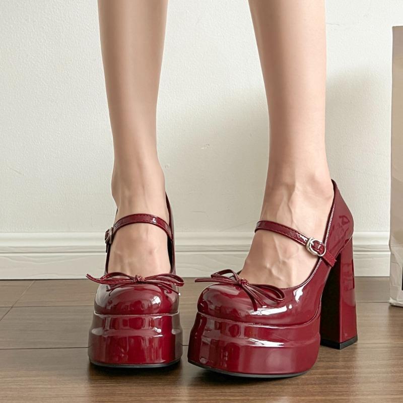 Super High Heel Mary Jane Shoes Women's Retro Round Toe Shallow Mouth Bow Platform One Strap Block Heel Single Shoes