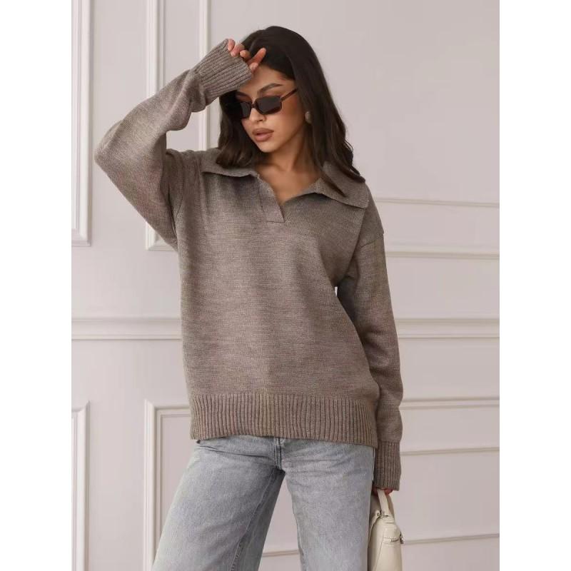 Womens Loose Fit Polo Collar Knit Sweater Winter Casual Pullover Soft Wool Blend Top