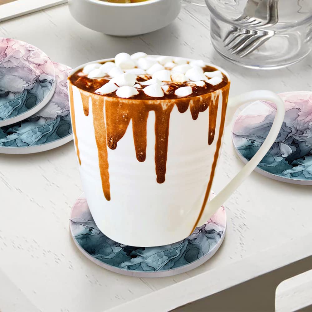 HAOCOO Stylish Ceramic Coasters with Marble Pattern and Cork Backing, Round, Set of 4, for Mugs and Tea Pads, Insulation, Better Than Diatomaceous