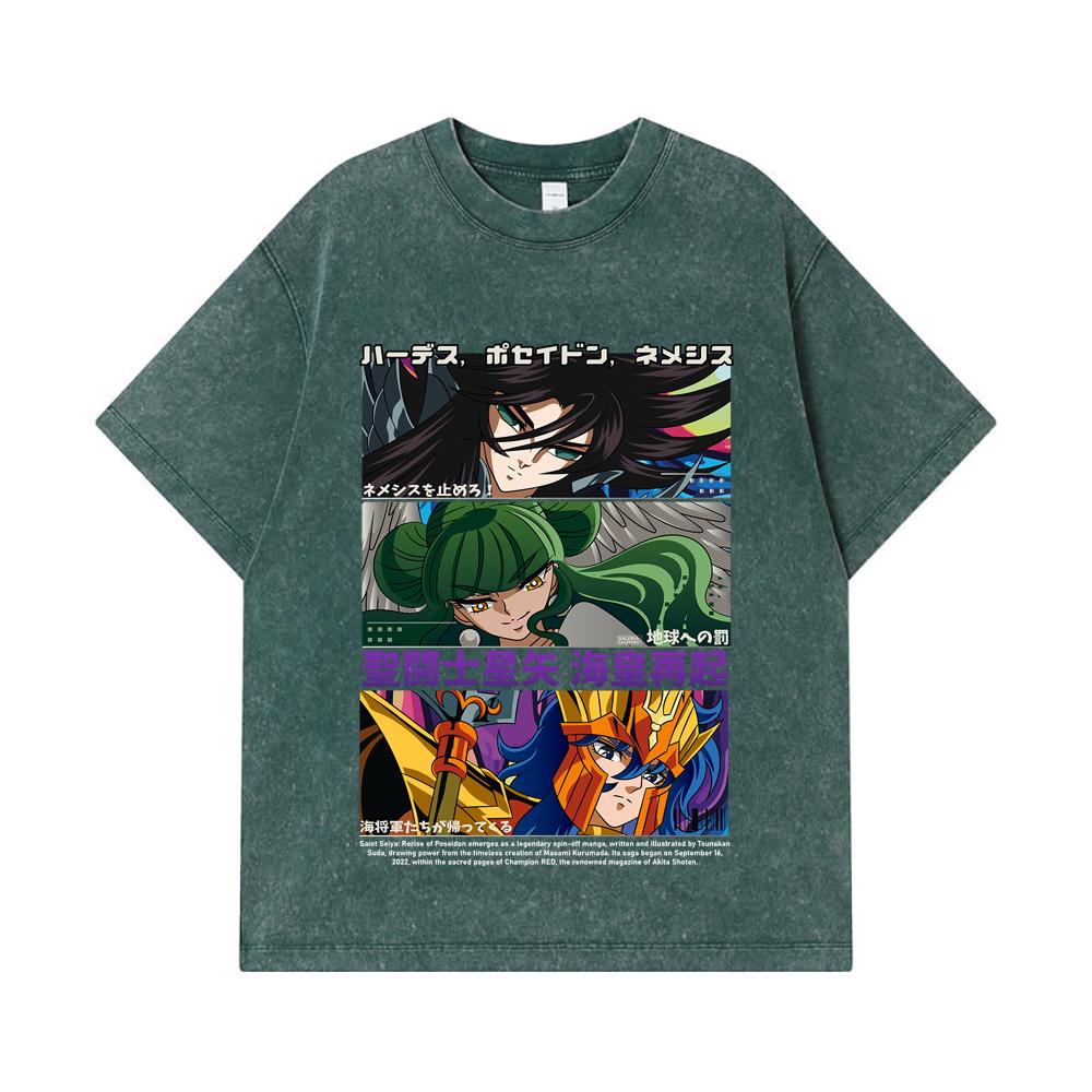 Стиранные футболки 275 г/м² 100% Хлопок Saint Seiya V3 Rerise of Poseidon Принт Унисекс Тяжелая Хлопковая Футболка