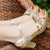 Genuine Leather Sandals Women's New High-heeled Women's Sandals One Word Buckle Rhinestone Thick with Fish Mouth Women's Shoes