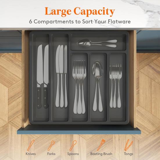 Cutlery Storage Box with Lid 6 Compartments Plastic Organizer for Kitchen Drawer And Countertop BPA-Free Tableware Holder Case for Spoons Forks