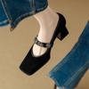 Fashion NEW Spring/Autumn Women Pumps Square Toe Chunky Heel Shoes Sheep Suede Leather Shoes for Women Slip-on Metal Buckle Strap Shoes