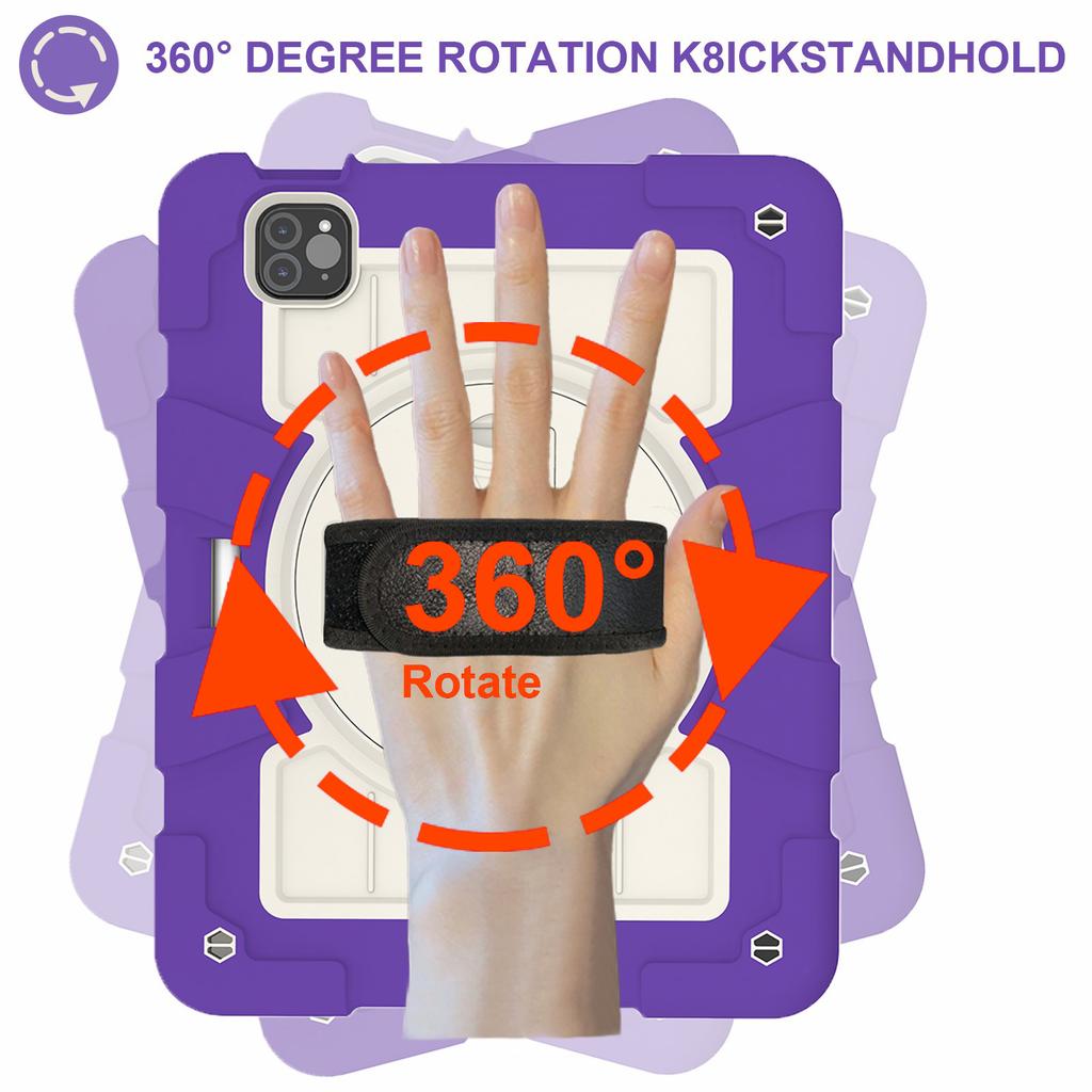 For iPad Pro 11 (2024) Kickstand Case with Shoulder Strap Rotating Hand Strap PC+TPU Tablet Cover