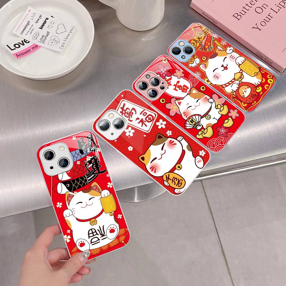 Счастливый кот Манэки-нэко Закаленное стекло Для Iphone 14 13 12 11 Pro Mini XS MAX 14Plus X XS XR Чехол