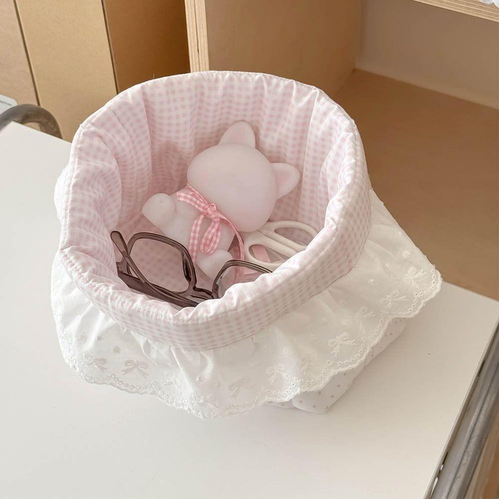 Cute Quilting Cotton Cloth Storage Basket Pink Dots Lace Desktop Storage Basket Foldable Oval Storage Box Home Decor