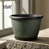 Large Plant Basin with Saucer 12 Inch Thickened Flower Pots for Outdoor Indoor, Plastic Leaf-Pattern Texture Weather Resistant Containers Planter
