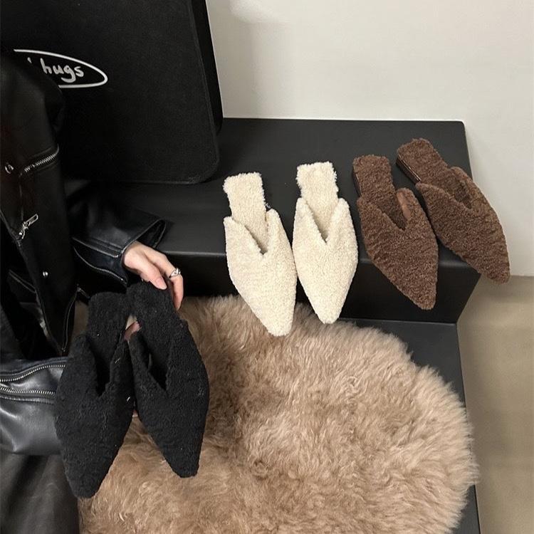 2024 Spring Woman Fur Mules Slippers Fashion Slides Shoes Ladies Elegant Outdoor Street Style Low Heel Footwear