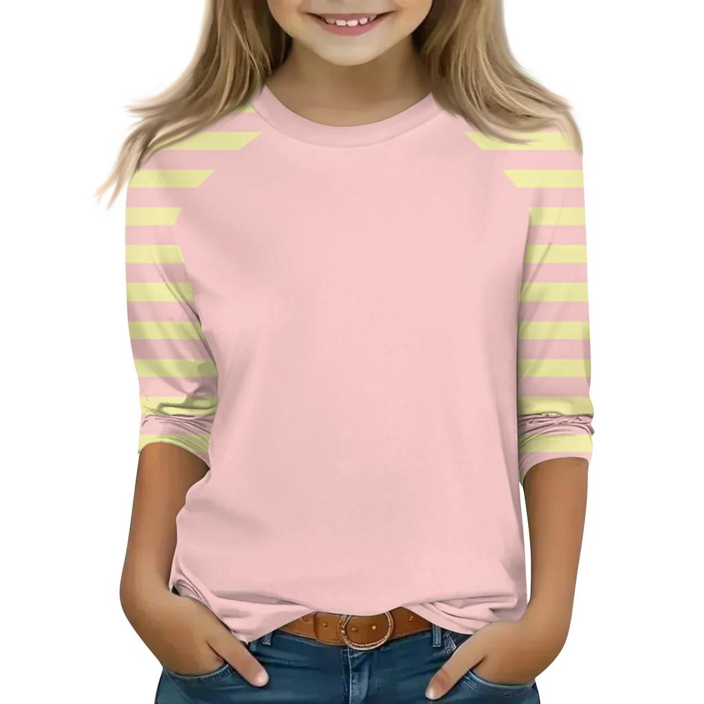 Tops For Youth Girls 4-16 Years Round Neck 3/4 Sleeves T-Shirts Trendy Tops Outfit Tees