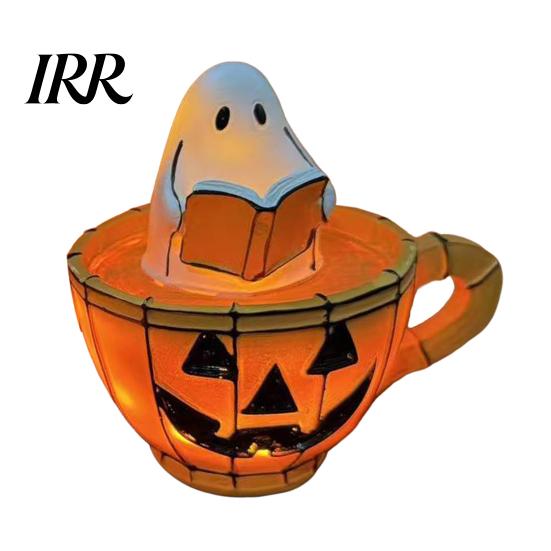 Ghost Pumpkin Lamp Reading Book Lamp, Stained Glass Style Halloween Night Light, Resin Spooky Bedside Light for Bedroom, Living Room, Party,