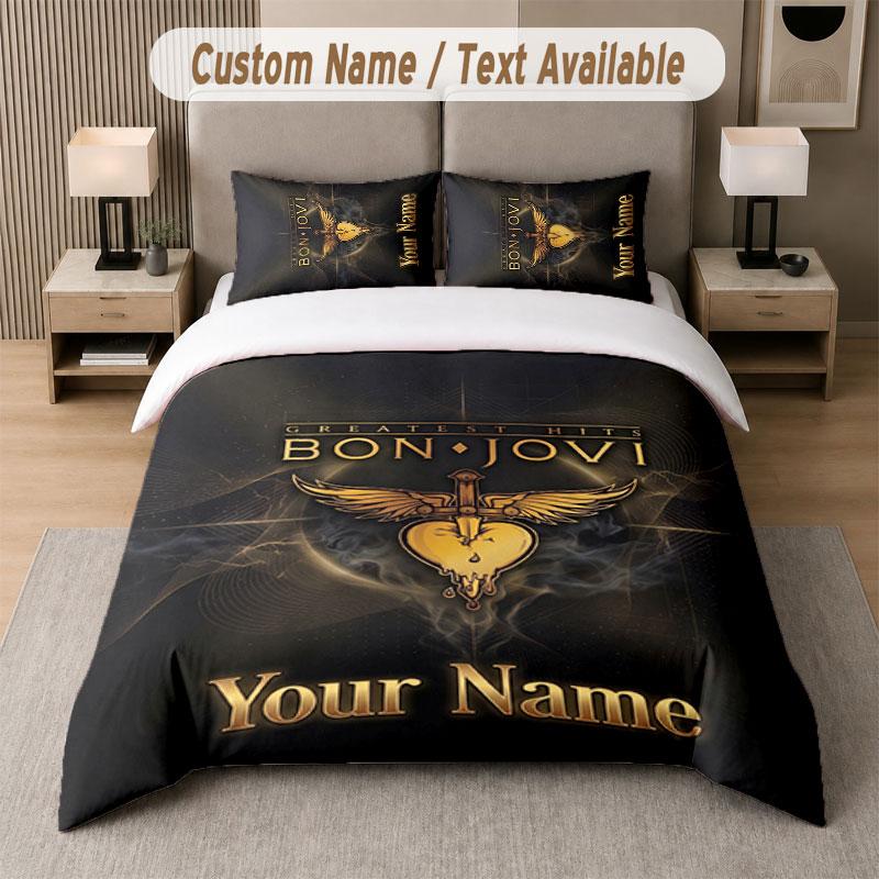 Custom Bedding Set Bon Jovi Pattern, Print Name Text 1 Duvet Cover plus 2 Pillowcases Home Textile